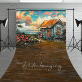 Lofaris Oil Painted Blue Sky Beach Shack Floral Sweep Backdrop